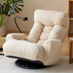 Fauteuil inclinable pivotant en bouclette beige avec support de téléphone, appui-tête et dossier réglables