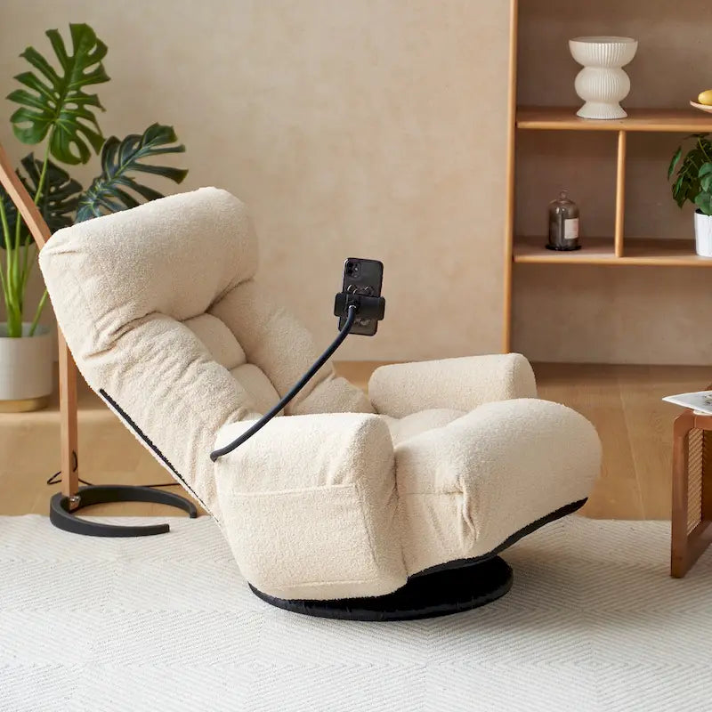 Fauteuil inclinable pivotant en bouclette beige avec support de téléphone, appui-tête et dossier réglables