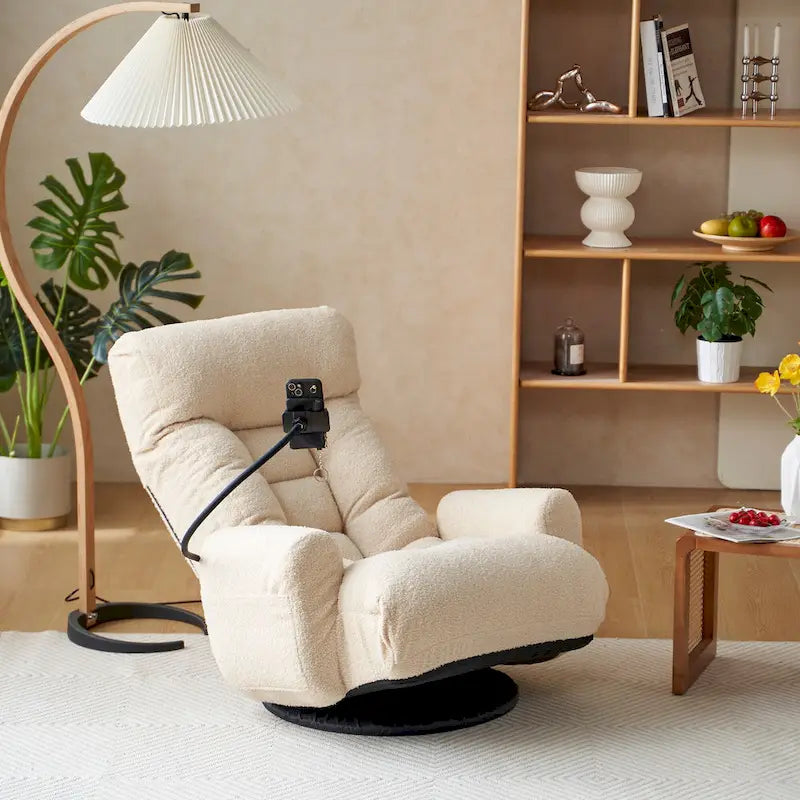 Fauteuil inclinable pivotant en bouclette beige avec support de téléphone, appui-tête et dossier réglables