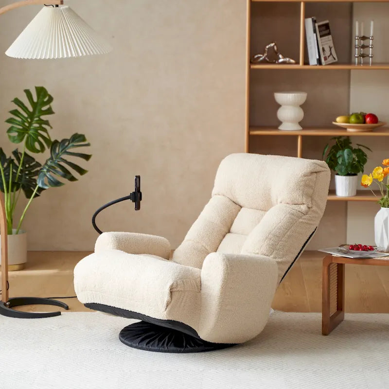 Fauteuil inclinable pivotant en bouclette beige avec support de téléphone, appui-tête et dossier réglables