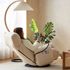 Fauteuil inclinable pivotant en bouclette beige avec support de téléphone, appui-tête et dossier réglables