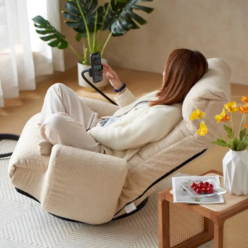 Fauteuil inclinable pivotant en bouclette beige avec support de téléphone, appui-tête et dossier réglables