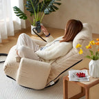 Fauteuil inclinable pivotant en bouclette beige avec support de téléphone, appui-tête et dossier réglables