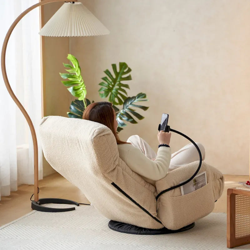 Fauteuil inclinable pivotant en bouclette beige avec support de téléphone, appui-tête et dossier réglables