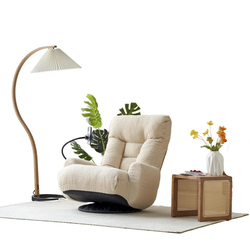 Fauteuil inclinable pivotant en bouclette beige avec support de téléphone, appui-tête et dossier réglables