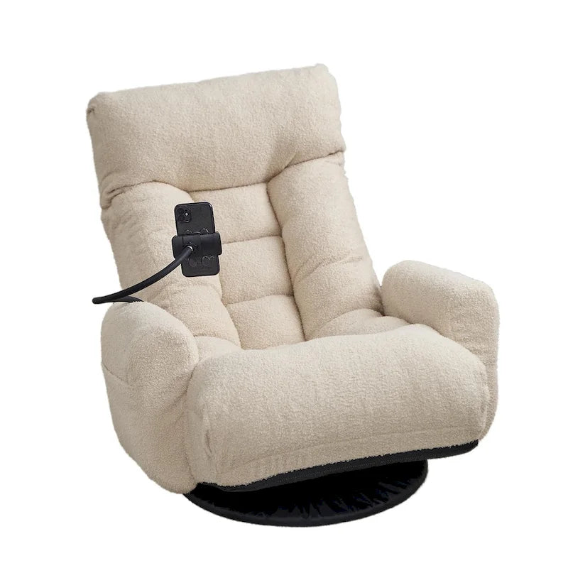 Fauteuil inclinable pivotant en bouclette beige avec support de téléphone, appui-tête et dossier réglables