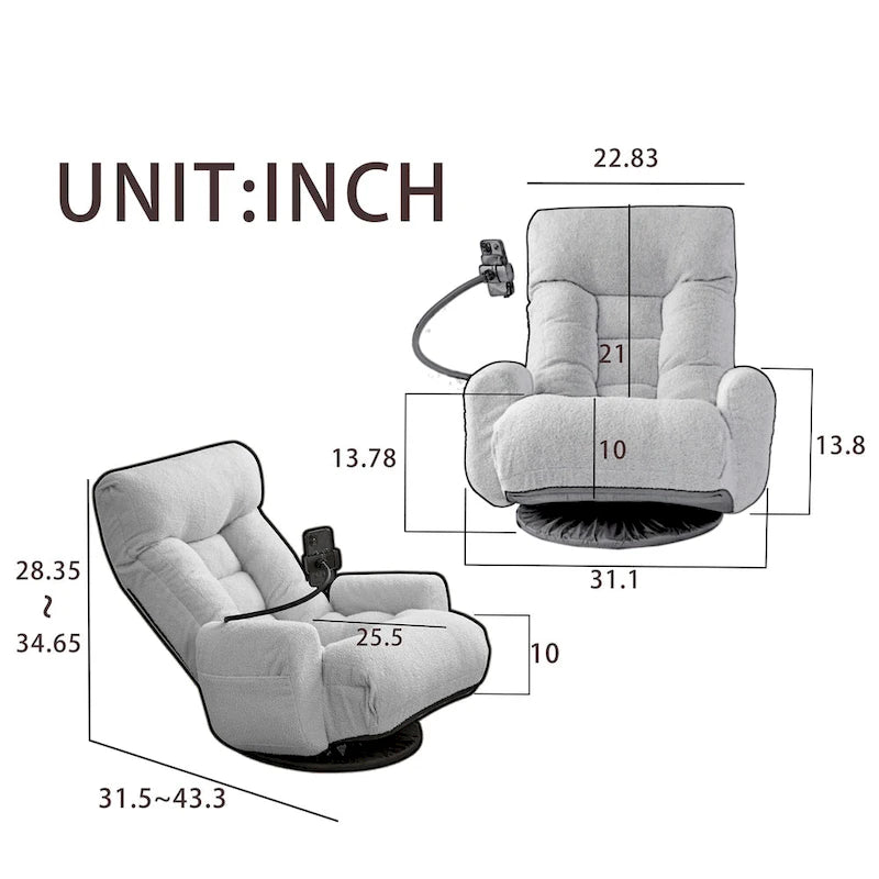 Fauteuil inclinable pivotant en bouclette beige avec support de téléphone, appui-tête et dossier réglables