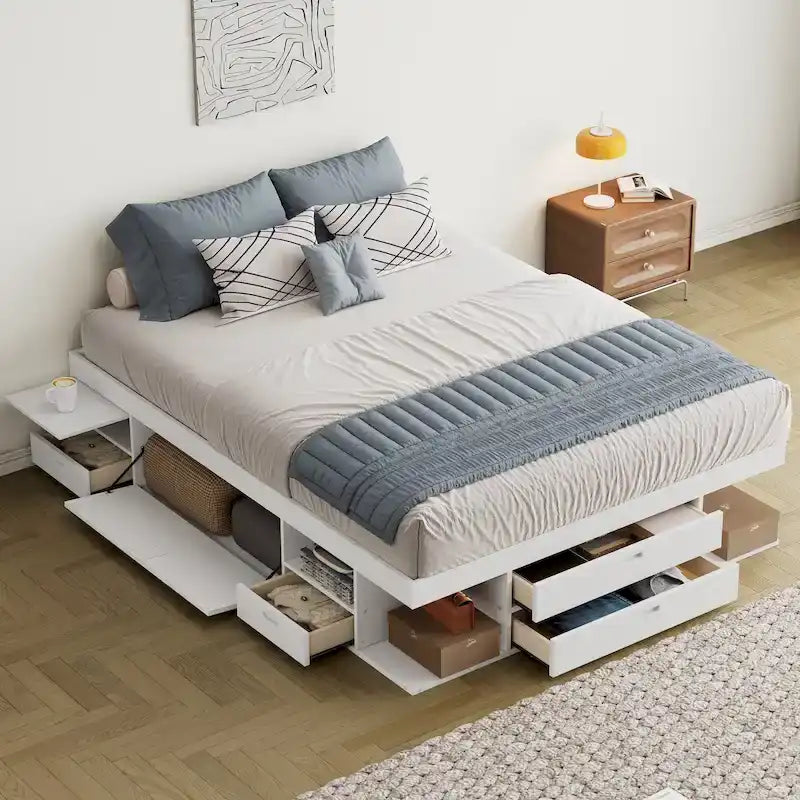 Lit plateforme Queen avec tiroirs de rangement et étagères ouvertes - Pas besoin de sommier tapissier, Blanc