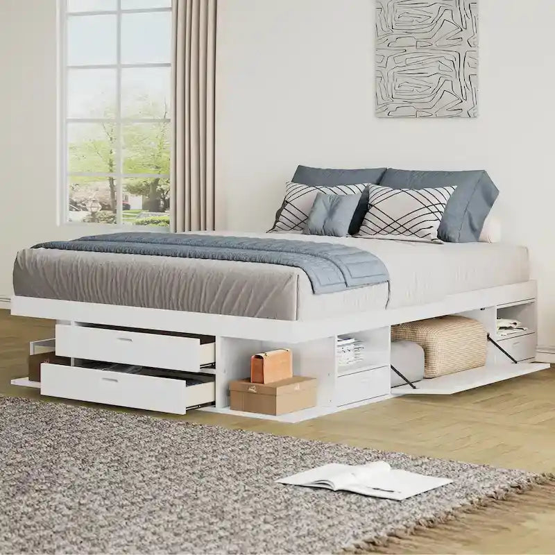 Lit plateforme Queen avec tiroirs de rangement et étagères ouvertes - Pas besoin de sommier tapissier, Blanc