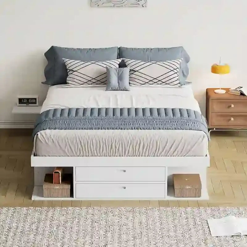 Lit plateforme Queen avec tiroirs de rangement et étagères ouvertes - Pas besoin de sommier tapissier, Blanc