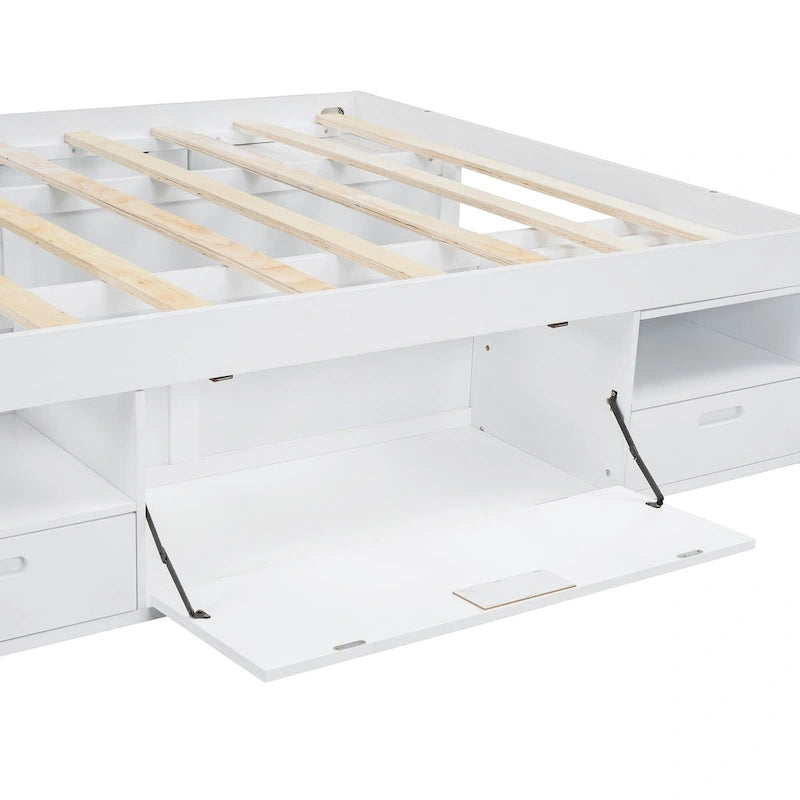 Lit plateforme Queen avec tiroirs de rangement et étagères ouvertes - Pas besoin de sommier tapissier, Blanc