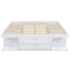 Lit plateforme Queen avec tiroirs de rangement et étagères ouvertes - Pas besoin de sommier tapissier, Blanc
