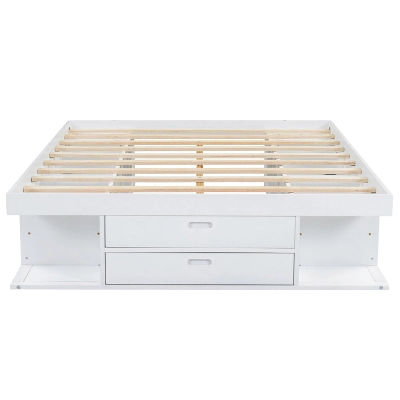 Lit plateforme Queen avec tiroirs de rangement et étagères ouvertes - Pas besoin de sommier tapissier, Blanc