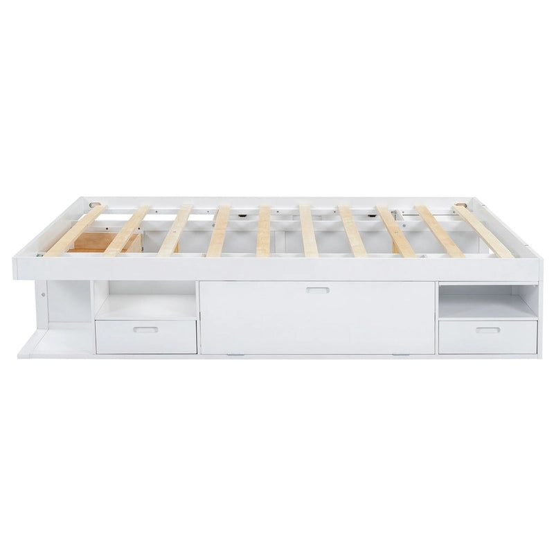 Lit plateforme Queen avec tiroirs de rangement et étagères ouvertes - Pas besoin de sommier tapissier, Blanc