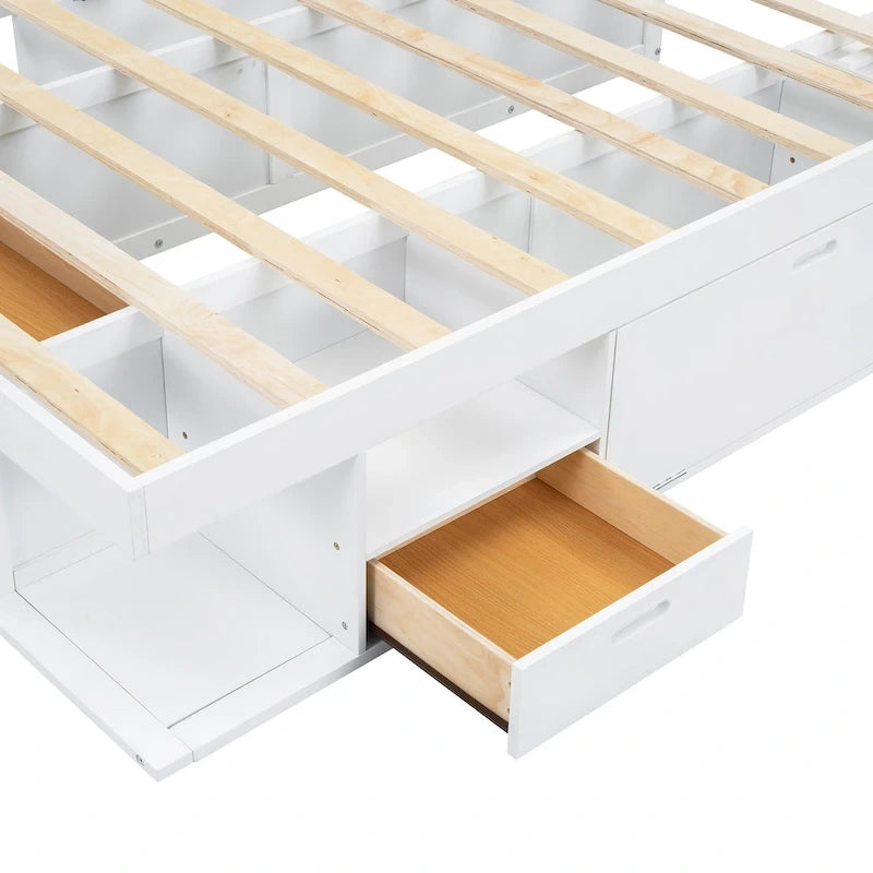 Lit plateforme Queen avec tiroirs de rangement et étagères ouvertes - Pas besoin de sommier tapissier, Blanc