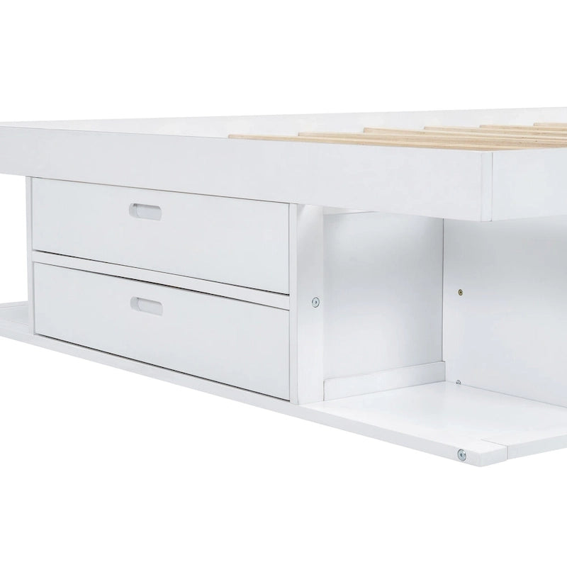 Lit plateforme Queen avec tiroirs de rangement et étagères ouvertes - Pas besoin de sommier tapissier, Blanc
