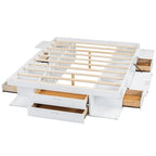 Lit plateforme Queen avec tiroirs de rangement et étagères ouvertes - Pas besoin de sommier tapissier, Blanc