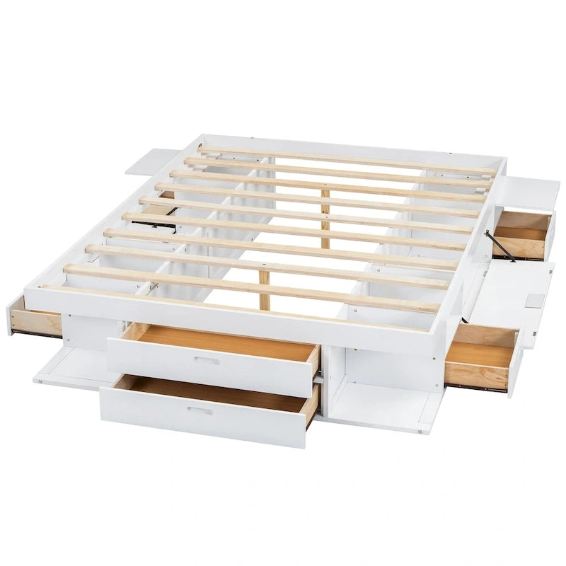 Lit plateforme Queen avec tiroirs de rangement et étagères ouvertes - Pas besoin de sommier tapissier, Blanc