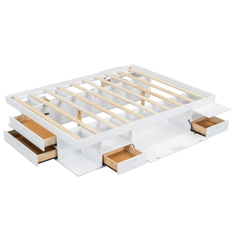 Lit plateforme Queen avec tiroirs de rangement et étagères ouvertes - Pas besoin de sommier tapissier, Blanc