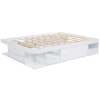 Lit plateforme Queen avec tiroirs de rangement et étagères ouvertes - Pas besoin de sommier tapissier, Blanc
