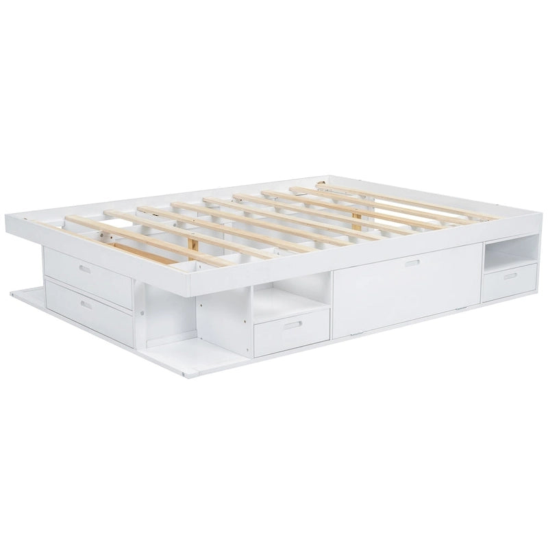Lit plateforme Queen avec tiroirs de rangement et étagères ouvertes - Pas besoin de sommier tapissier, Blanc