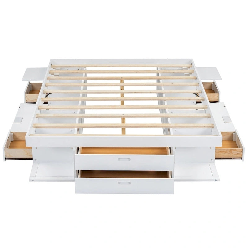 Lit plateforme Queen avec tiroirs de rangement et étagères ouvertes - Pas besoin de sommier tapissier, Blanc