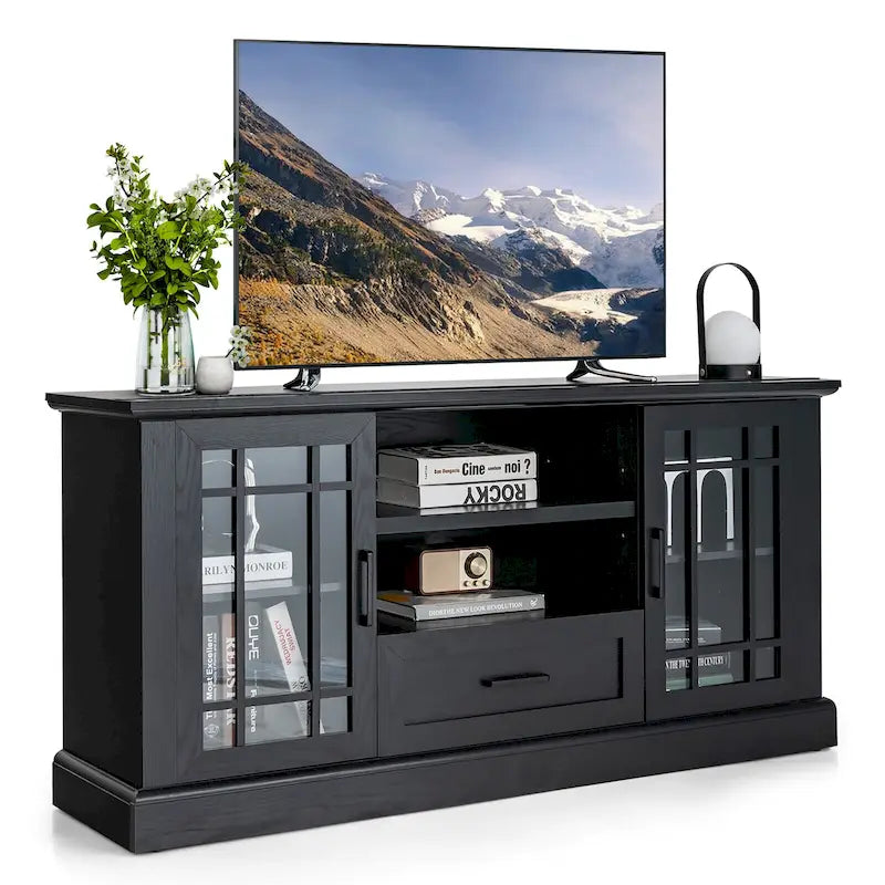 Meuble TV de style ferme avec portes en verre pour téléviseurs jusqu'à 70" – Capacité de 102 kg