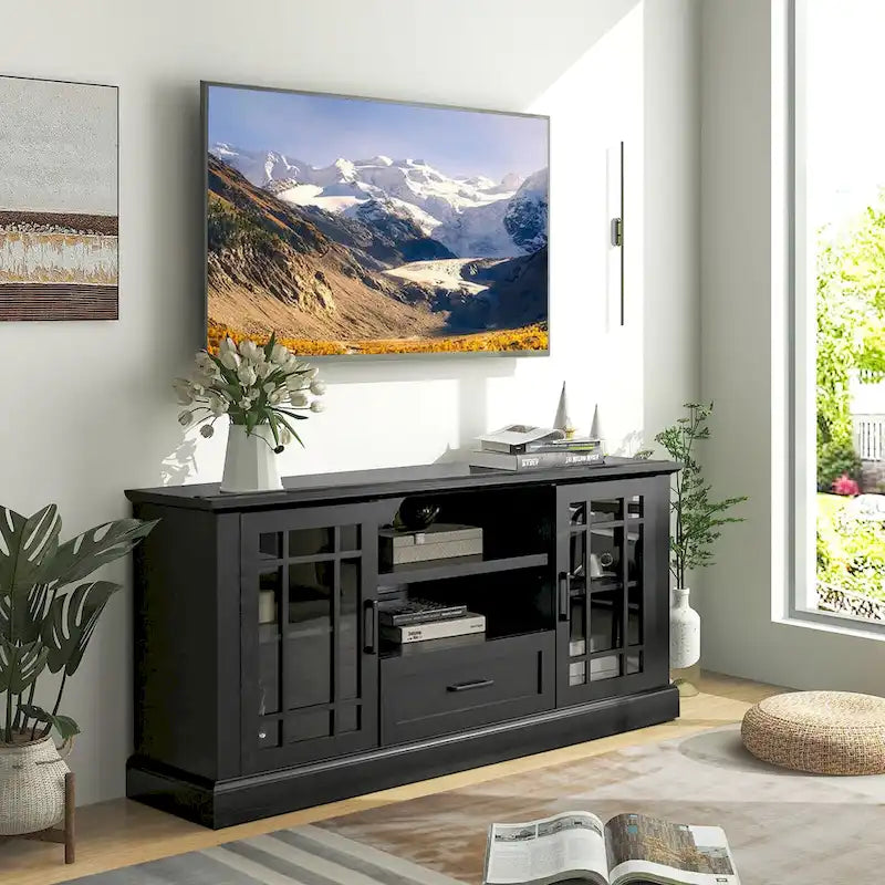 Meuble TV de style ferme avec portes en verre pour téléviseurs jusqu'à 70" – Capacité de 102 kg