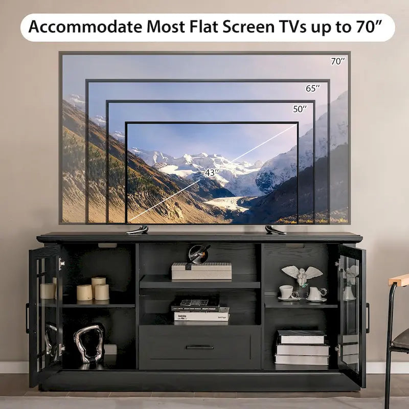 Meuble TV de style ferme avec portes en verre pour téléviseurs jusqu'à 70" – Capacité de 102 kg