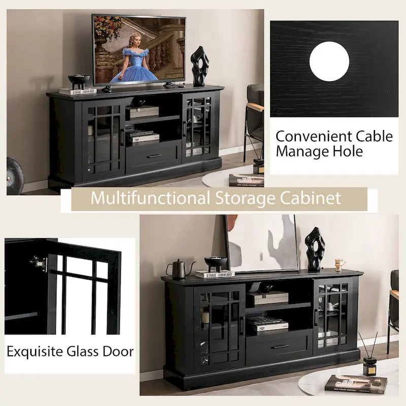 Meuble TV de style ferme avec portes en verre pour téléviseurs jusqu'à 70" – Capacité de 102 kg