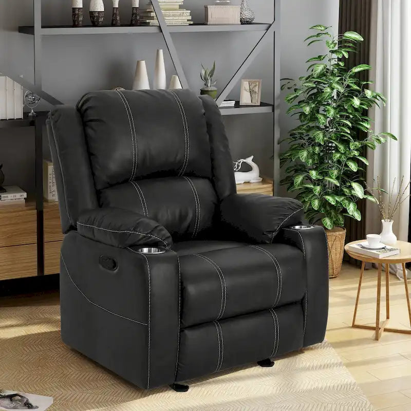 Fauteuil inclinable manuel contemporain noir avec porte-gobelets en acier et cuir PU