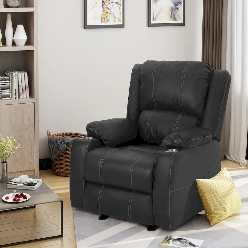 Fauteuil inclinable manuel contemporain noir avec porte-gobelets en acier et cuir PU