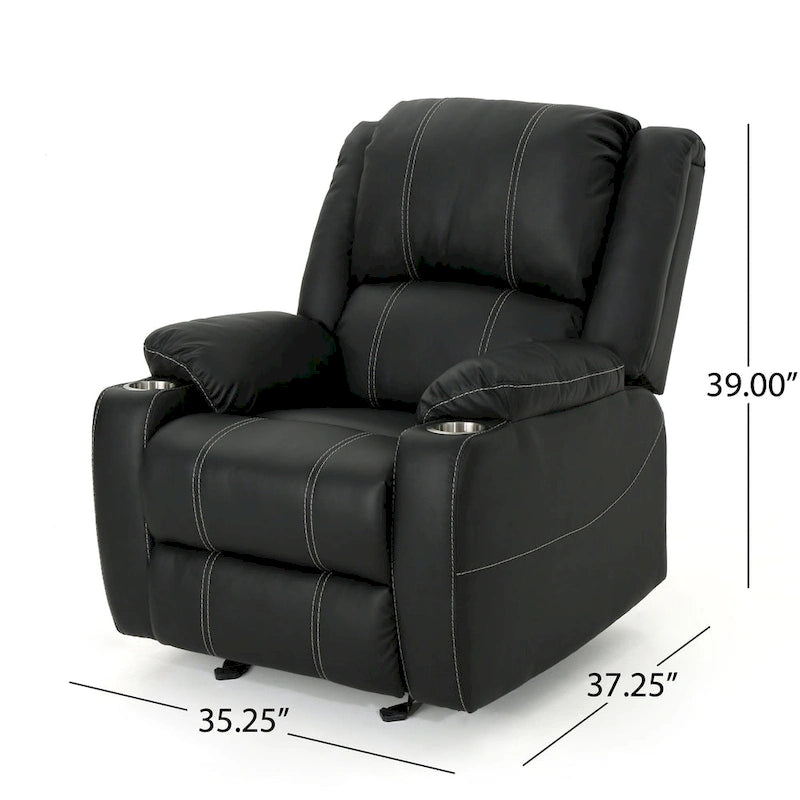 Fauteuil inclinable manuel contemporain noir avec porte-gobelets en acier et cuir PU