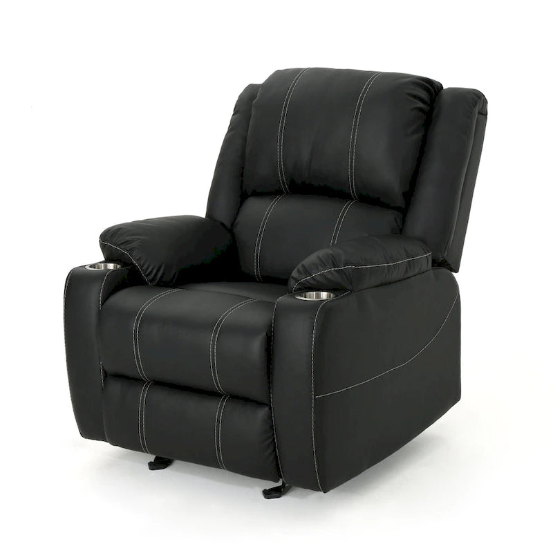 Fauteuil inclinable manuel contemporain noir avec porte-gobelets en acier et cuir PU