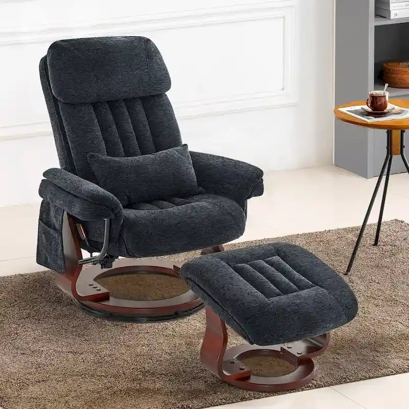 Fauteuil inclinable pivotant à 360° avec pouf et massage par vibration - Tissu chenille