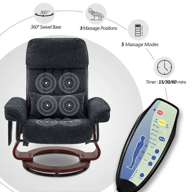 Fauteuil inclinable pivotant à 360° avec pouf et massage par vibration - Tissu chenille