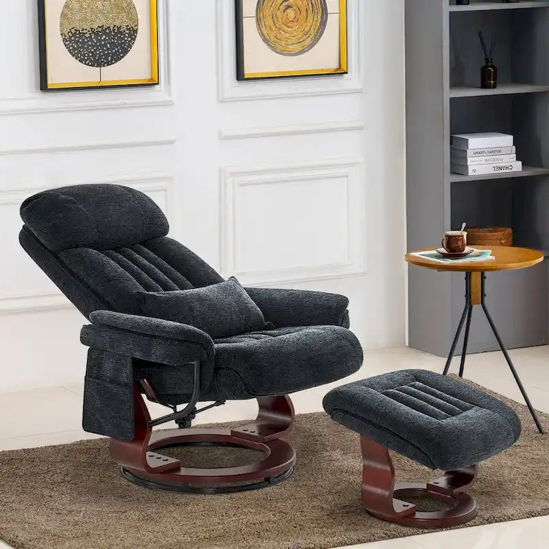 Fauteuil inclinable pivotant à 360° avec pouf et massage par vibration - Tissu chenille