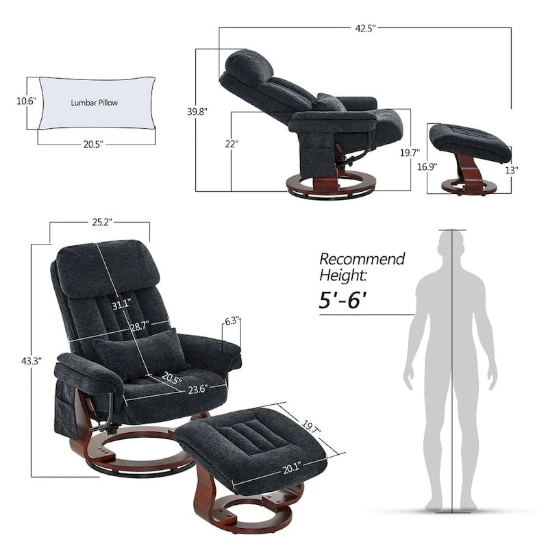 Fauteuil inclinable pivotant à 360° avec pouf et massage par vibration - Tissu chenille