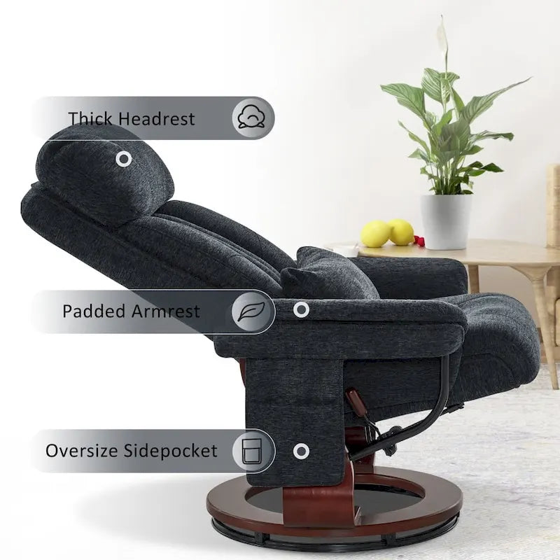 Fauteuil inclinable pivotant à 360° avec pouf et massage par vibration - Tissu chenille