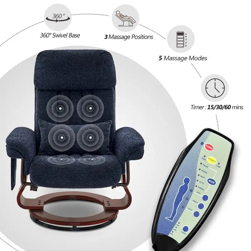 Fauteuil inclinable pivotant à 360° avec pouf et massage par vibration - Tissu chenille