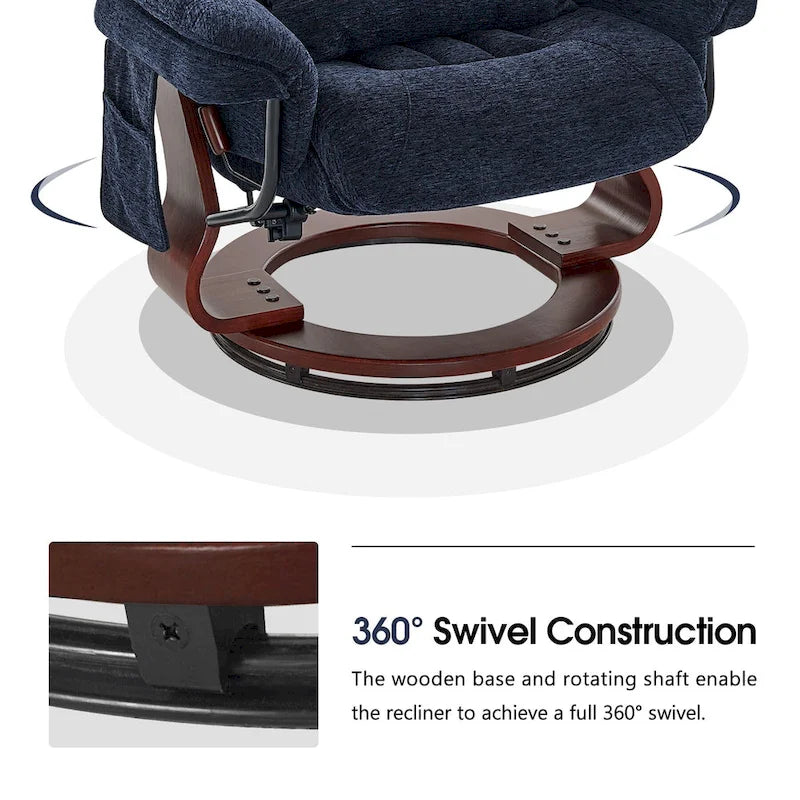 Fauteuil inclinable pivotant à 360° avec pouf et massage par vibration - Tissu chenille