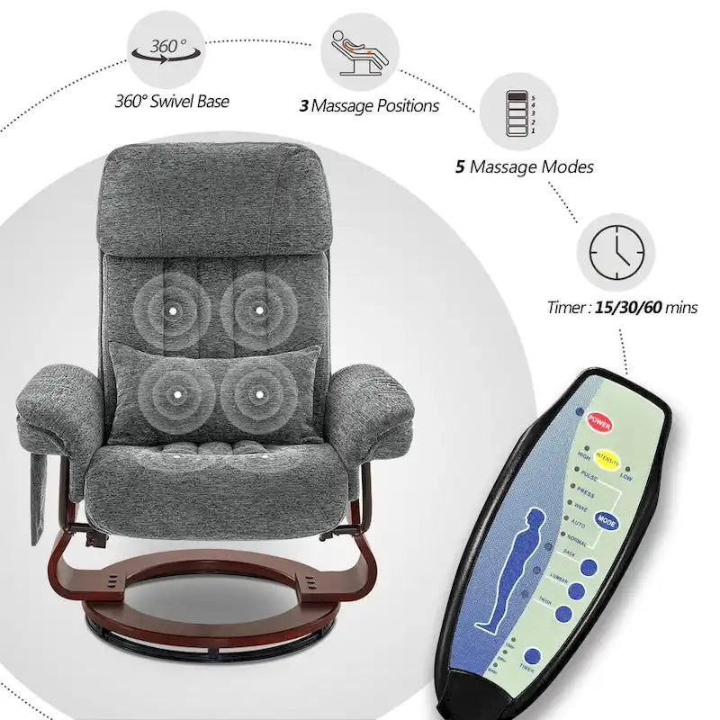 Fauteuil inclinable pivotant à 360° avec pouf et massage par vibration - Tissu chenille