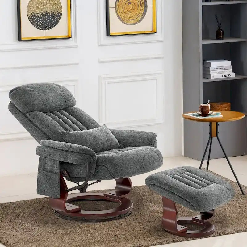 Fauteuil inclinable pivotant à 360° avec pouf et massage par vibration - Tissu chenille