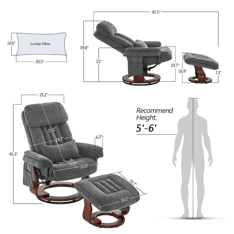 Fauteuil inclinable pivotant à 360° avec pouf et massage par vibration - Tissu chenille