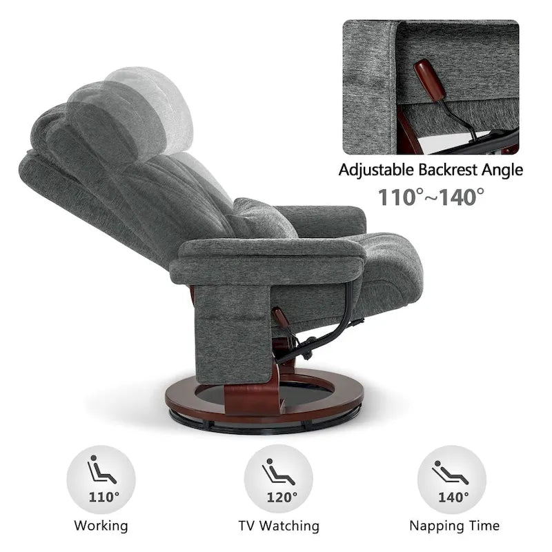 Fauteuil inclinable pivotant à 360° avec pouf et massage par vibration - Tissu chenille
