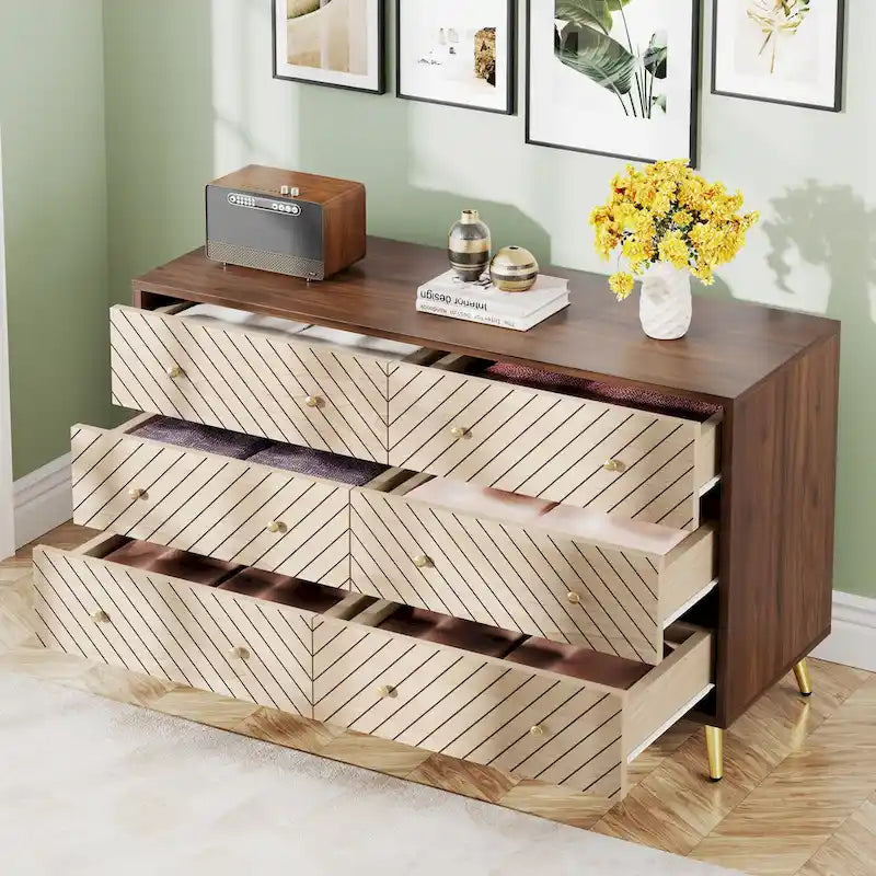 Commode à 6 tiroirs avec pieds en métal pour chambre à coucher, salon, entrée