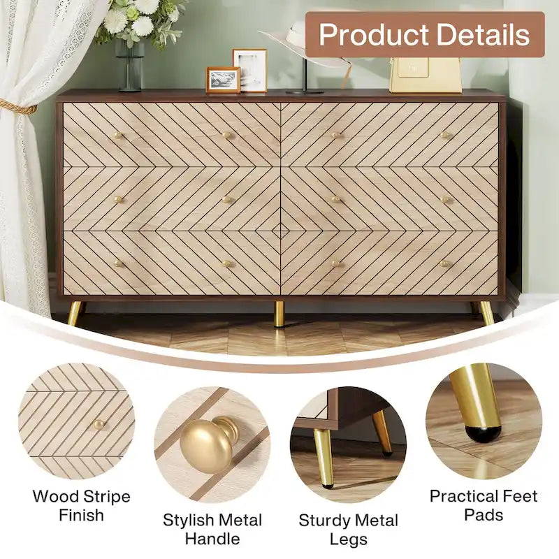 Commode à 6 tiroirs avec pieds en métal pour chambre à coucher, salon, entrée