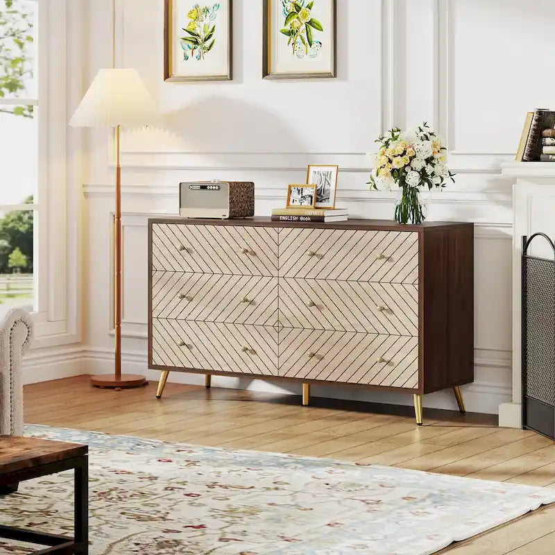 Commode à 6 tiroirs avec pieds en métal pour chambre à coucher, salon, entrée