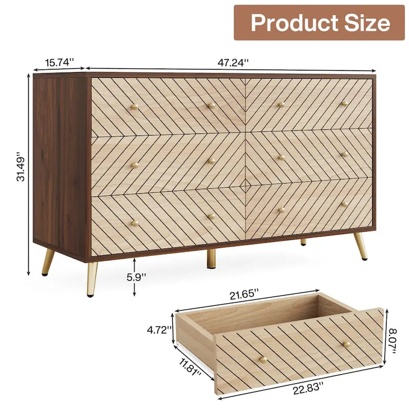 Commode à 6 tiroirs avec pieds en métal pour chambre à coucher, salon, entrée