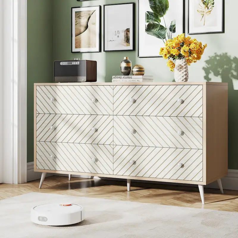 Commode à 6 tiroirs avec pieds en métal pour chambre à coucher, salon, entrée